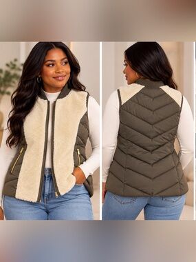 Athleta Responsible Down Tundra Sherpa Vest in Green & Cream | Size Small